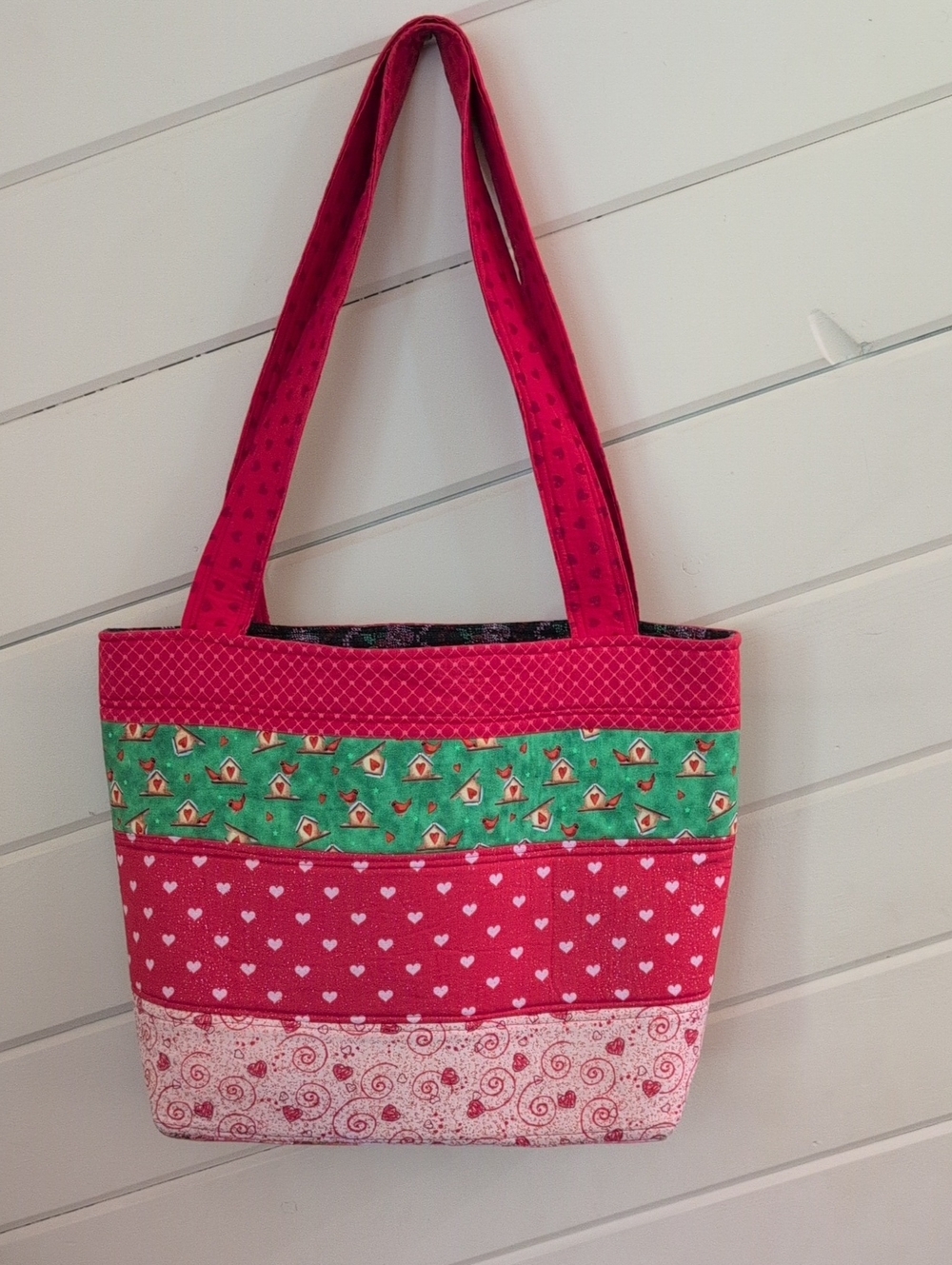 Quilted Patchwork Tote Bag Handmade Artisan Style Purse Fabric Hearts Bird Love